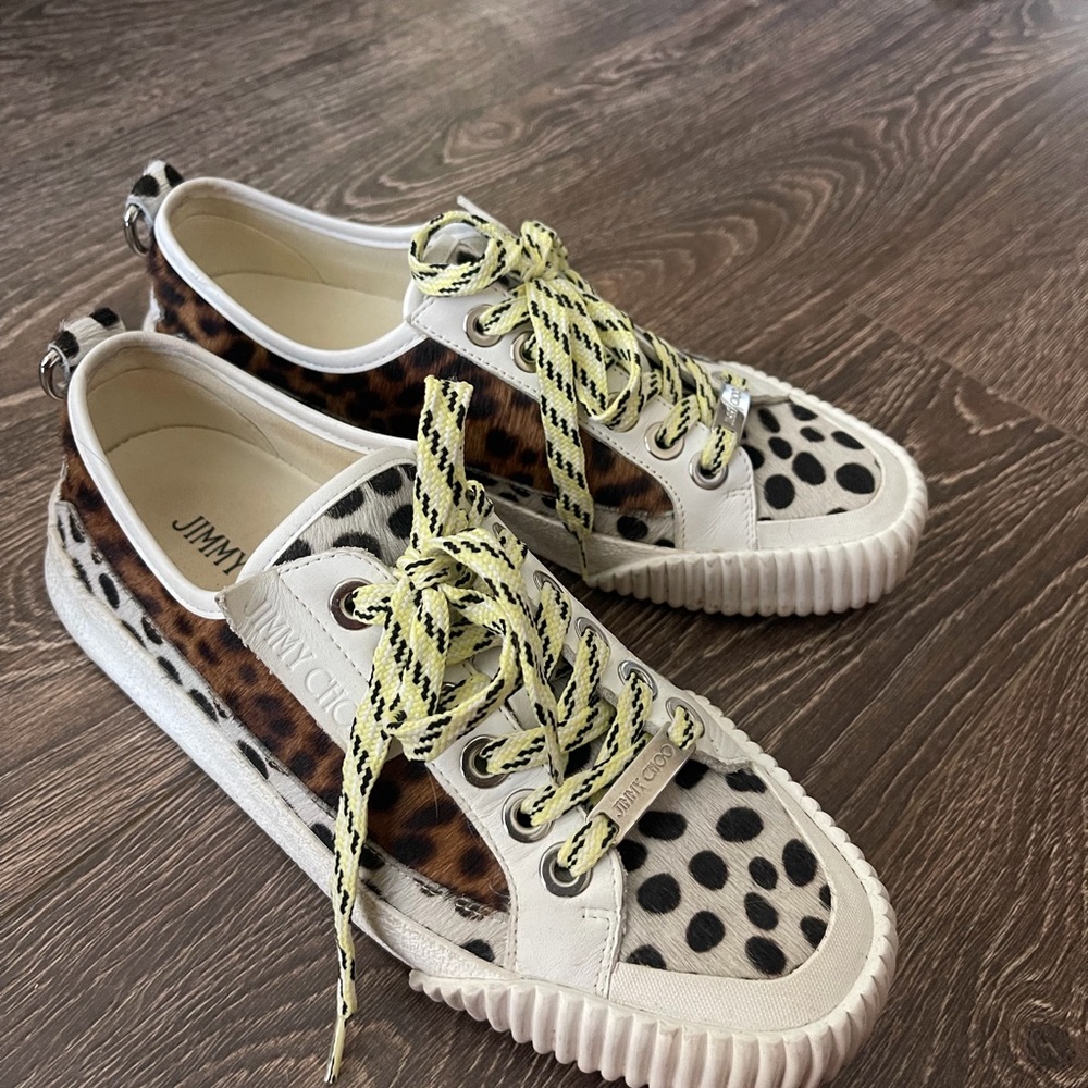 Jimmy Choo Animal Print Sneakers with Yellow Accents